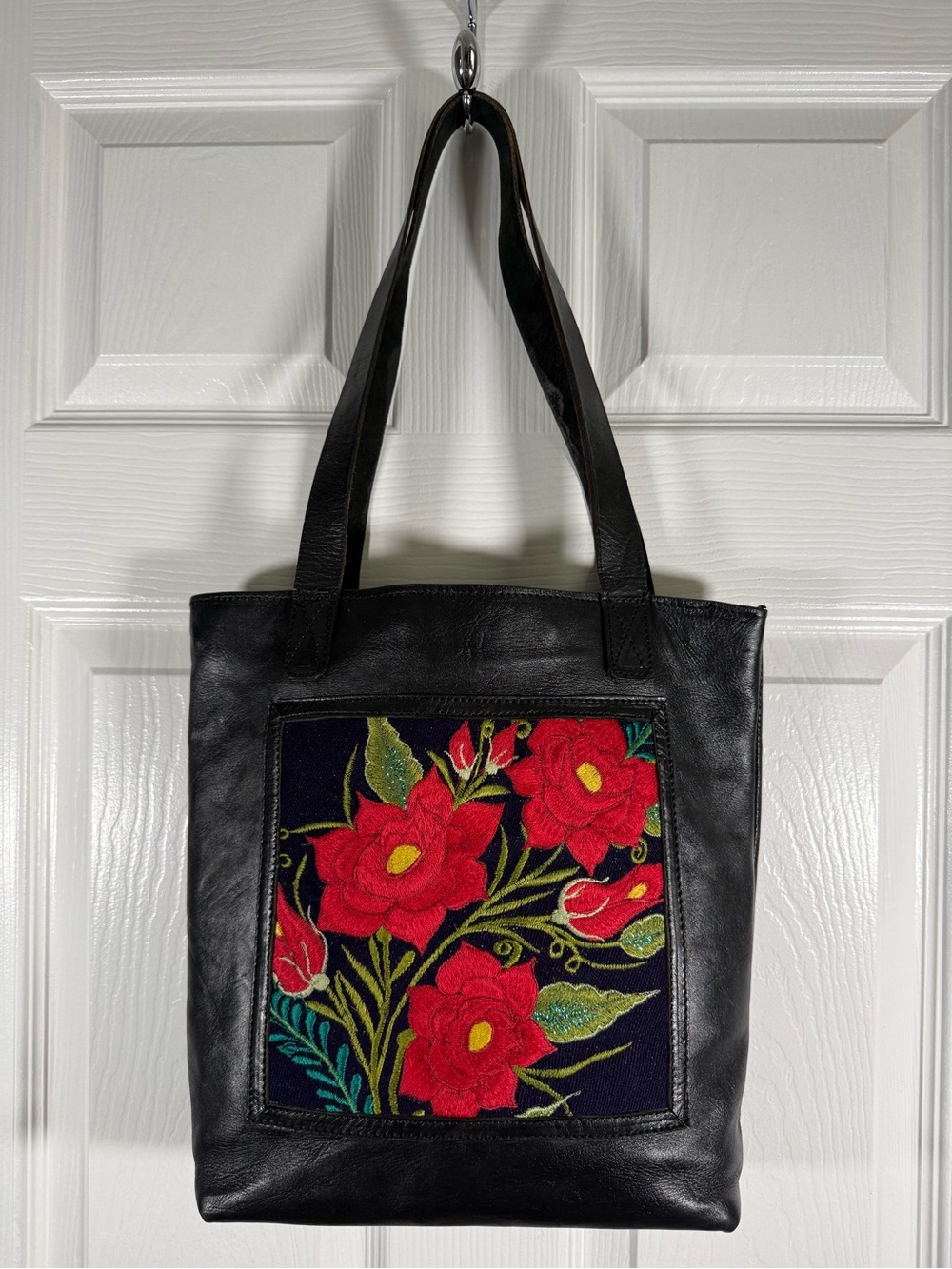 Bohemian Black Leather and Floral Embroidered Tote Bag